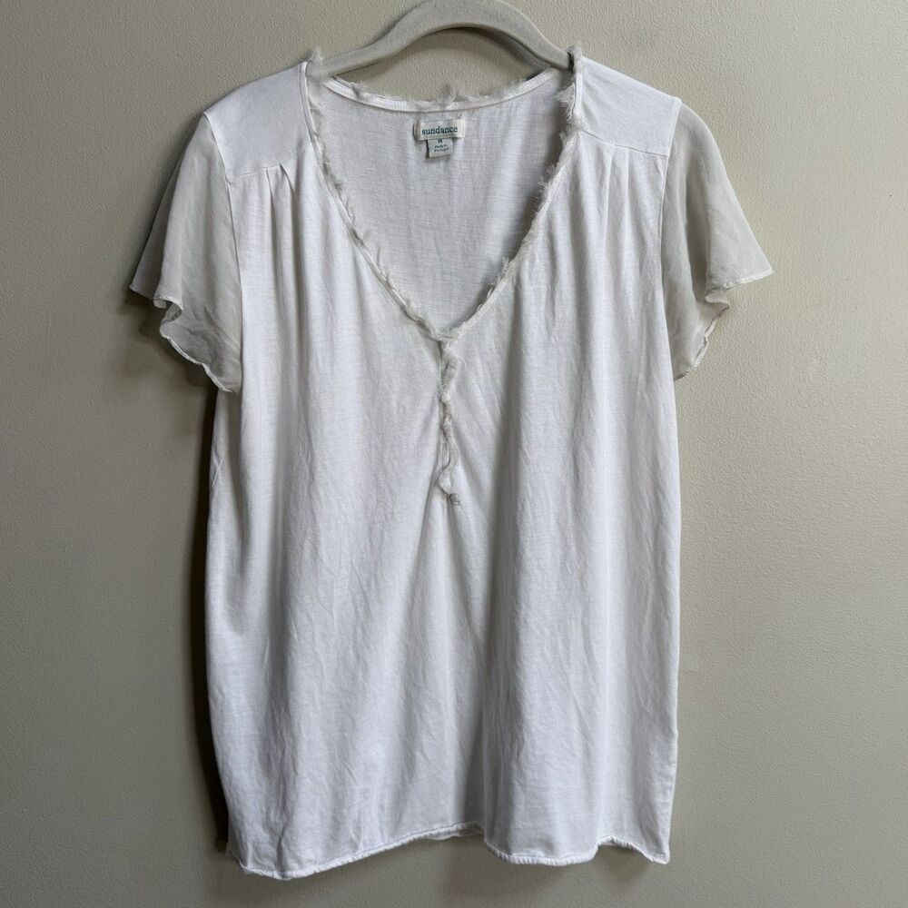 Sundance White V-Neck Short Flutter Sleeve T-Shirt With Raw Silk Trim Medium